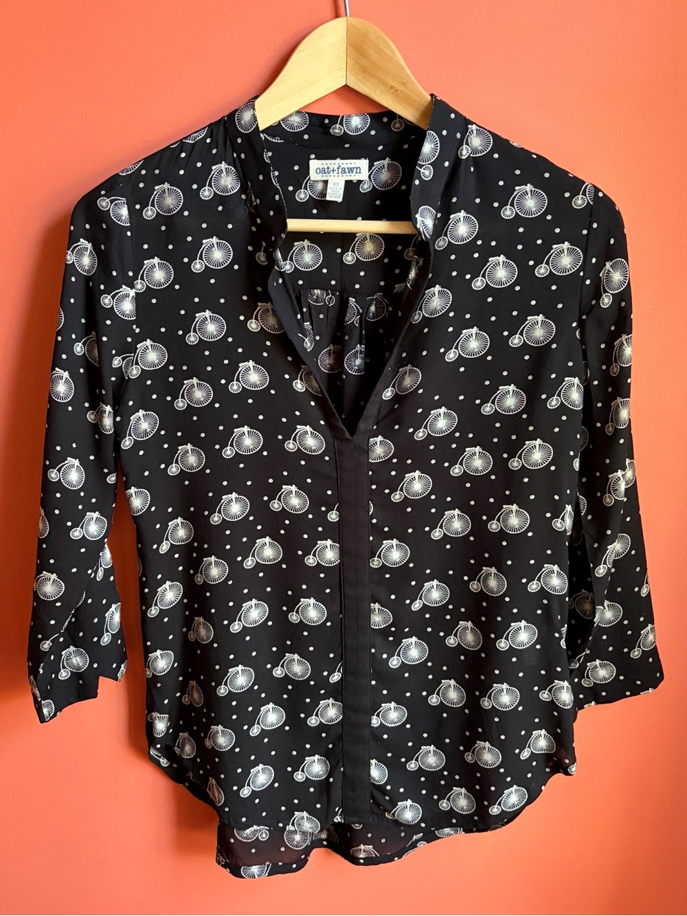 Old Navy Black Blouse with White Bicycle Print